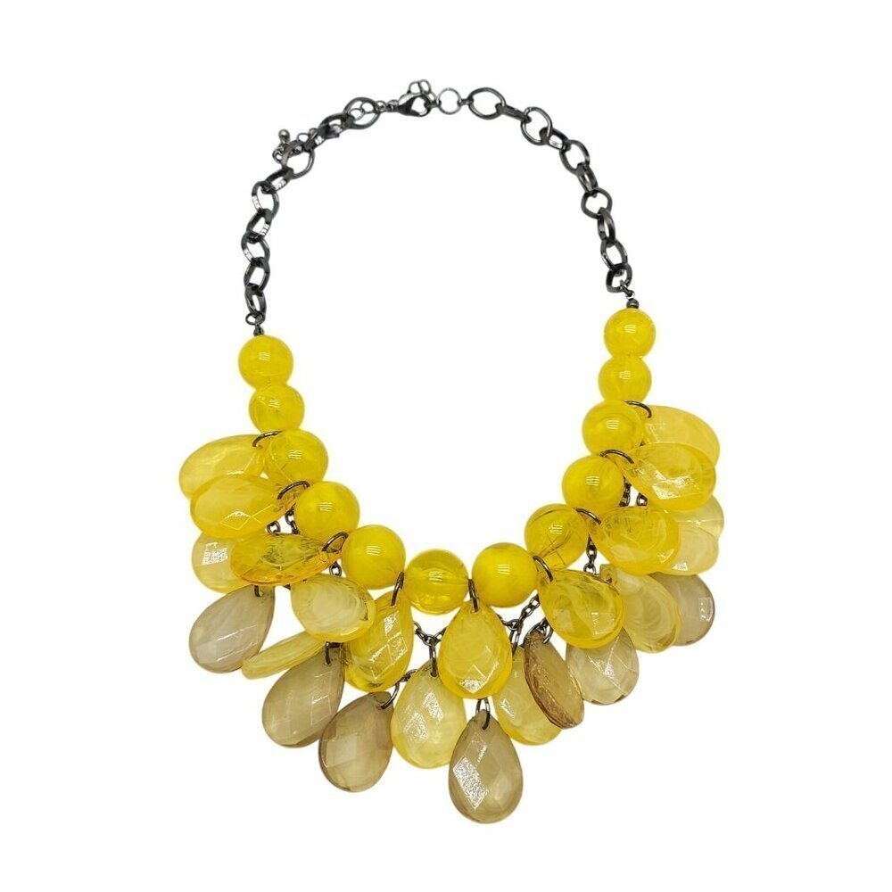 Vintage Yellow Cream Acrylic Teardrop Beaded Necklace With Metal Chain